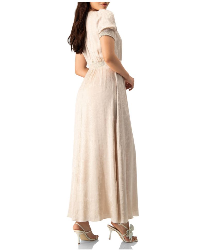 Women's Jacquard Satin Button-Front Maxi Dress with Puff Sleeve and Smocked Waist
