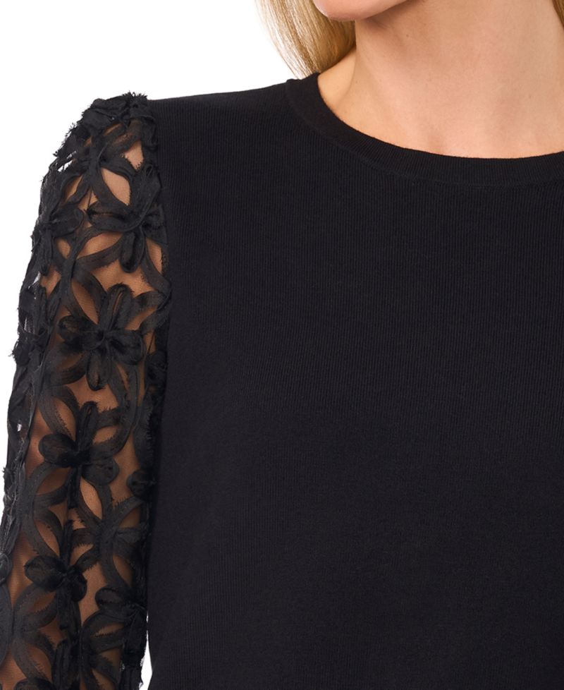 Women's 3D-Floral-Lace Mixed Media Sweater