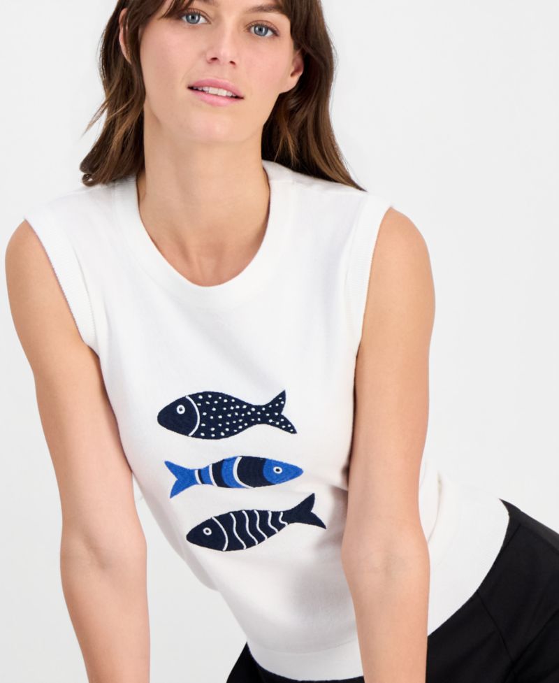 Women's Fish-Embroidery Sleeveless Crewneck Top
