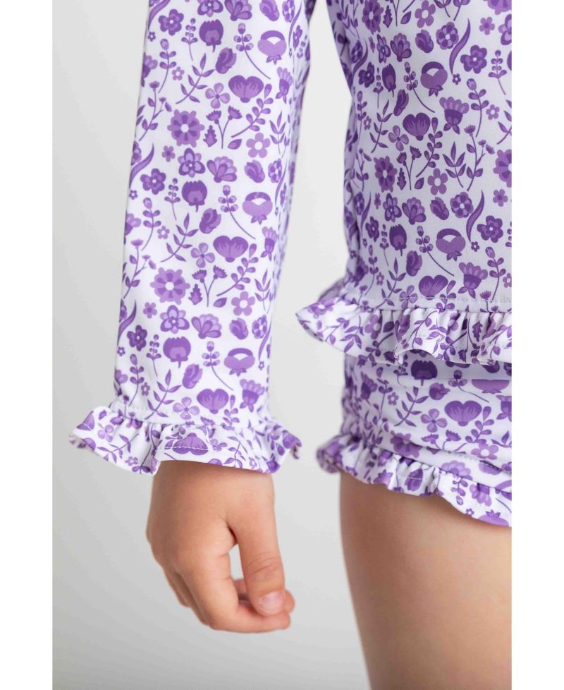 Toddler Girls Floral Print Rashguard Swimsuit with Ruffles