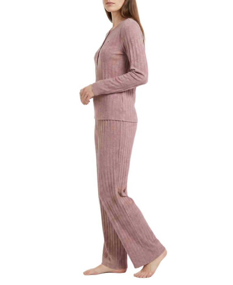 Women's Long-Sleeve Wide-Leg Cable-Jacquard Henley Top and Pant, 2-Piece Pajama Set