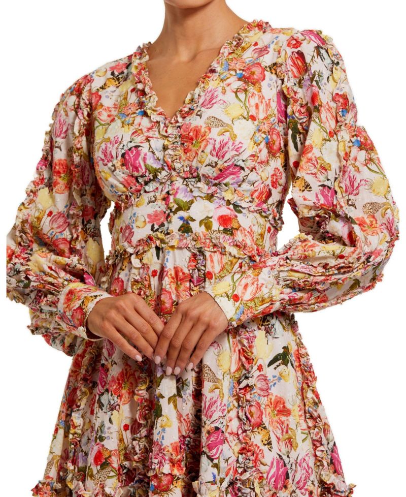 Women's V-Neck Cotton Mini Dress with Ruffles and Multicolor Floral Print