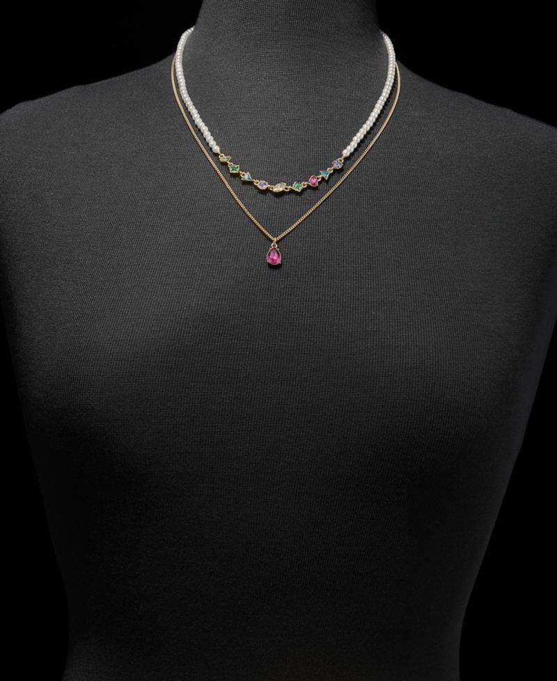 Mixed Crystal & Imitation Pearl Layered Pendant Necklace, 16" + 3" extender