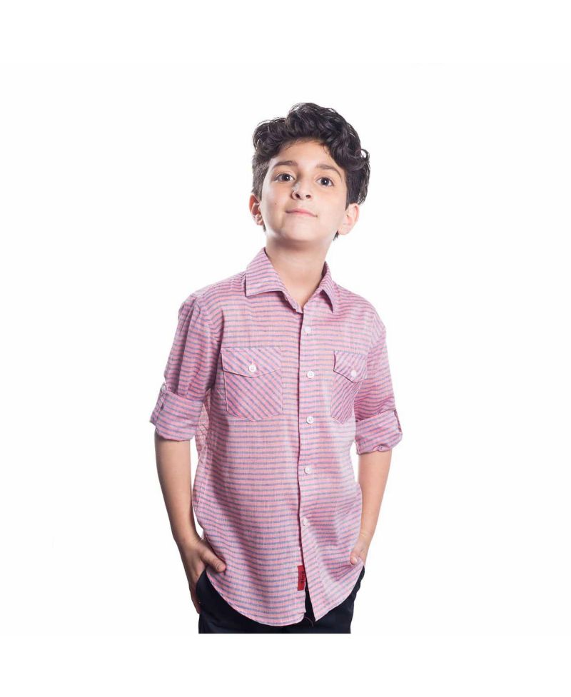 Little Boys Red Slim Fit Striped Shirt For