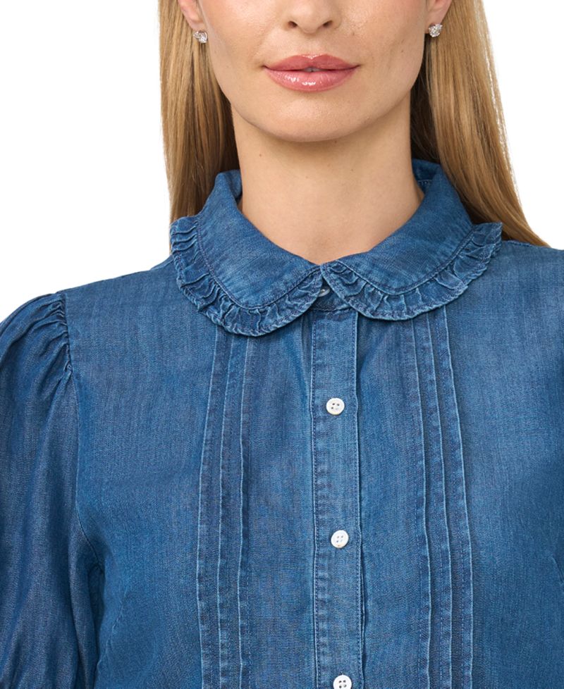 Women's Puff-Sleeve Cropped Ruffle-Collar Top