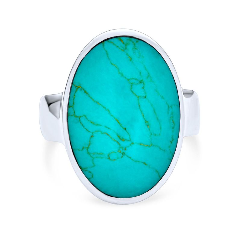 Large Oval Cabochon Stabilized Blue Turquoise Bezel Set Statement Ring Sterling Silver