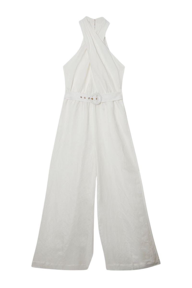 Women's Linen Blend Wide Leg Belted Jumpsuit