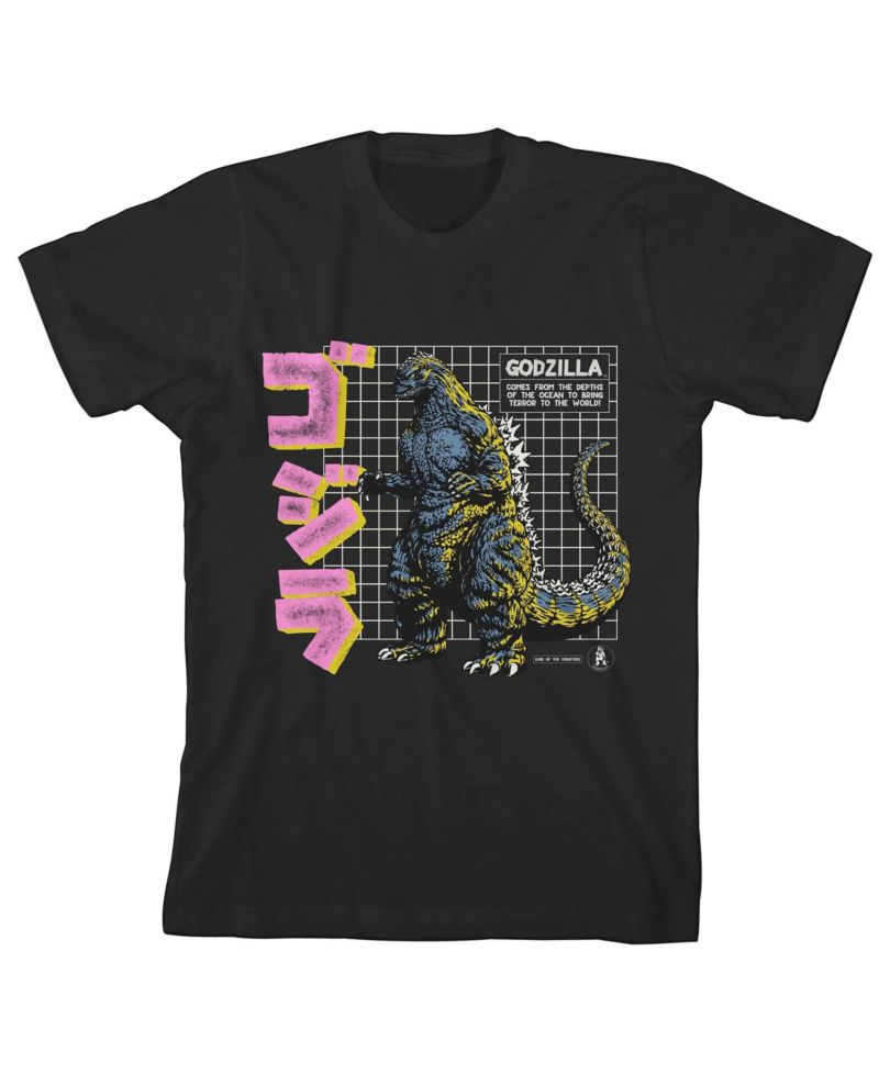 Grid and Kanji Crew Neck Short Sleeve Boy's Black T-shirt-Medium