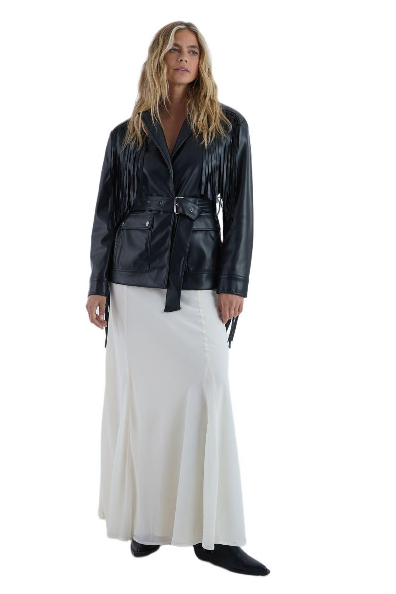 Women's Fringe Faux Leather Belted Jacket