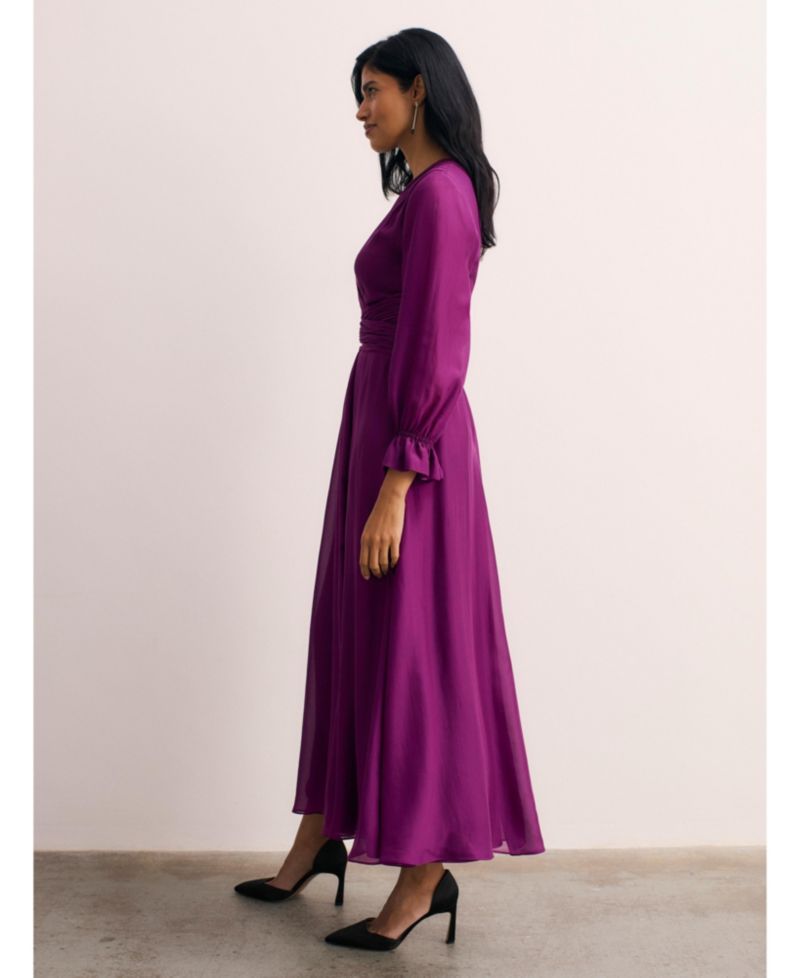 Women's Sculpted Silk Long-Sleeve V-Neck Ruched-Waist Wrap Midi Dress