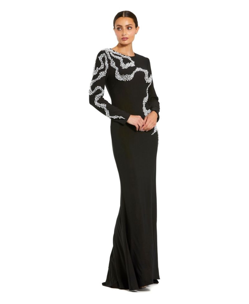 Petite Jersey Long Sleeve Beaded Column Gown