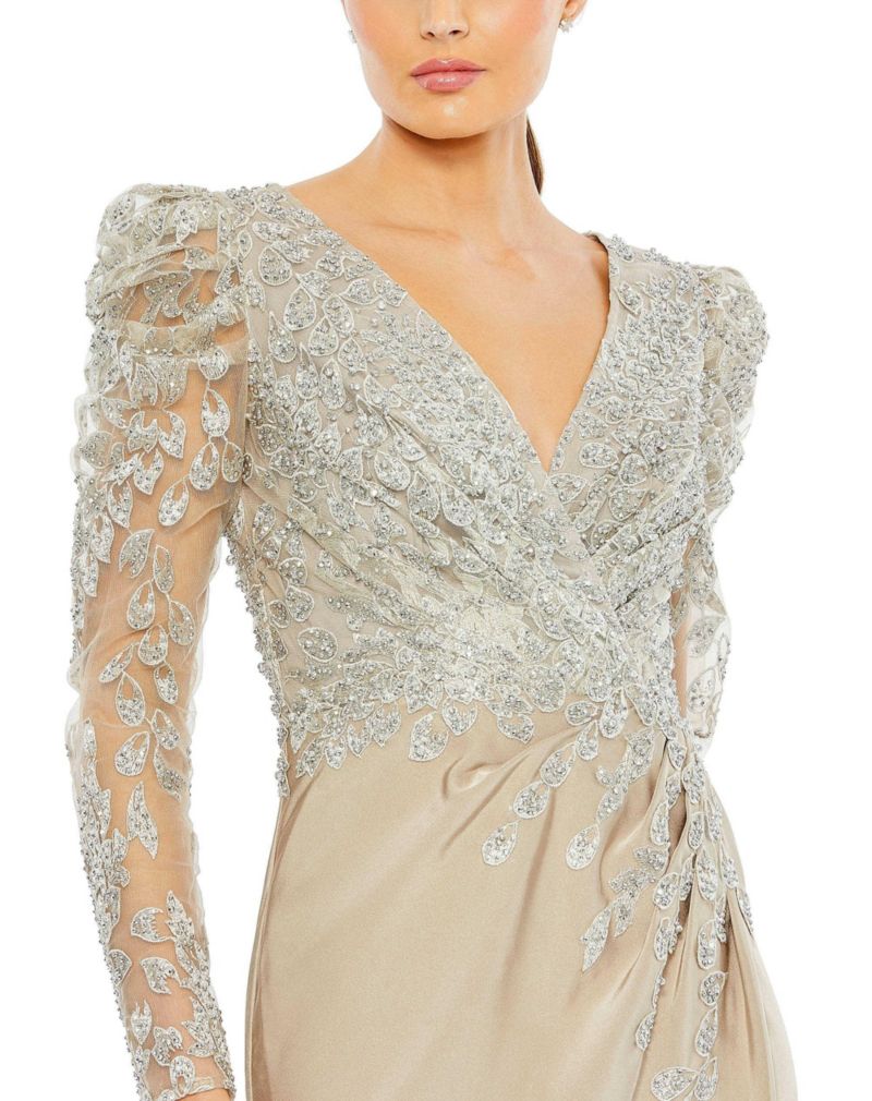 Women's Embellished Faux Wrap Illusion Puff Sleeve Gown