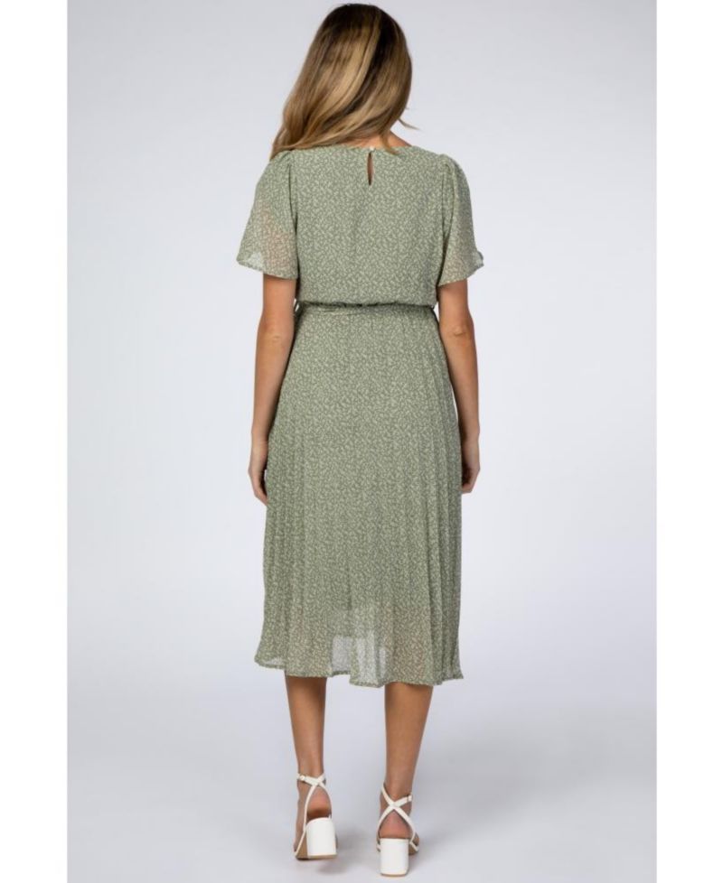 Women's Light Olive Leaf Print Pleated Midi Dress