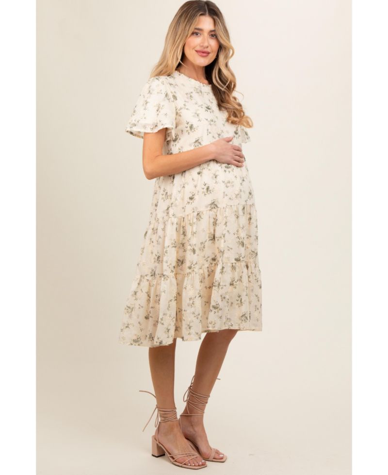 Women's Cream Floral Print Eyelet Lace Dress