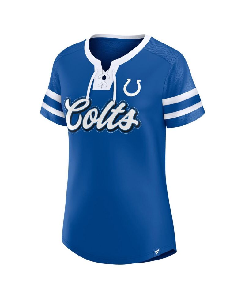 Women's Royal Indianapolis Colts True Catch Iconic Rhinestone Bling Athena Lace-Up T-Shirt