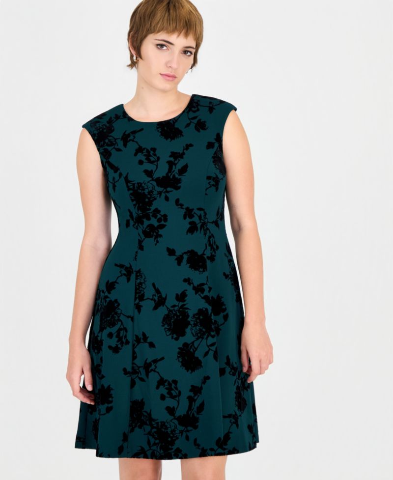 Women's Velvet-Floral A-Line Crewneck Dress