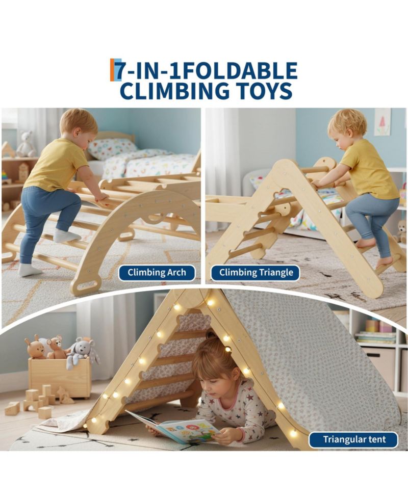 7-in-1 Educational Wooden Climbing Frame Triangle Climbing Set for Toddlers – Collapsible Triangle, Arch, Ramp and Ladder