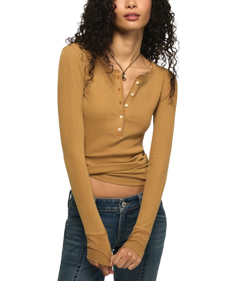 Women's Long Sleeve Ribbed Henley Top