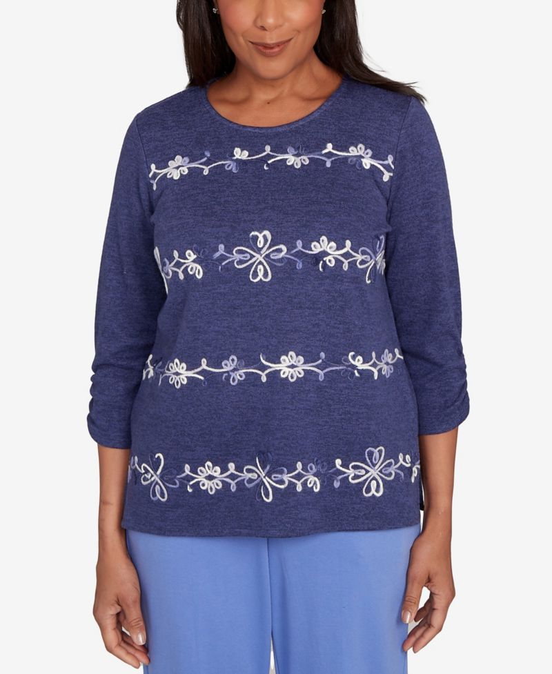 Petite Lake Champlain Embroidered Scroll Ruched Sleeve Top