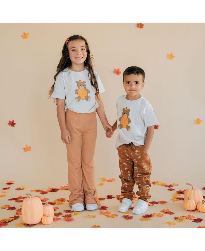 Little Boys Pumpkin Teddy Bear Patch Short Sleeve T-Shirt