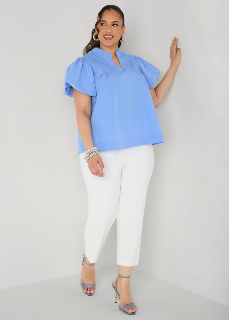 Plus Size Puff Sleeve Embroidered Women's Top
