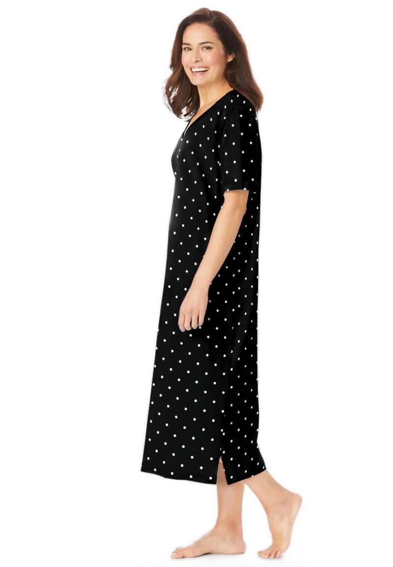 Women's Dreams and Co. V-Neck Short Sleeve Midi Cotton Sleep Shirt