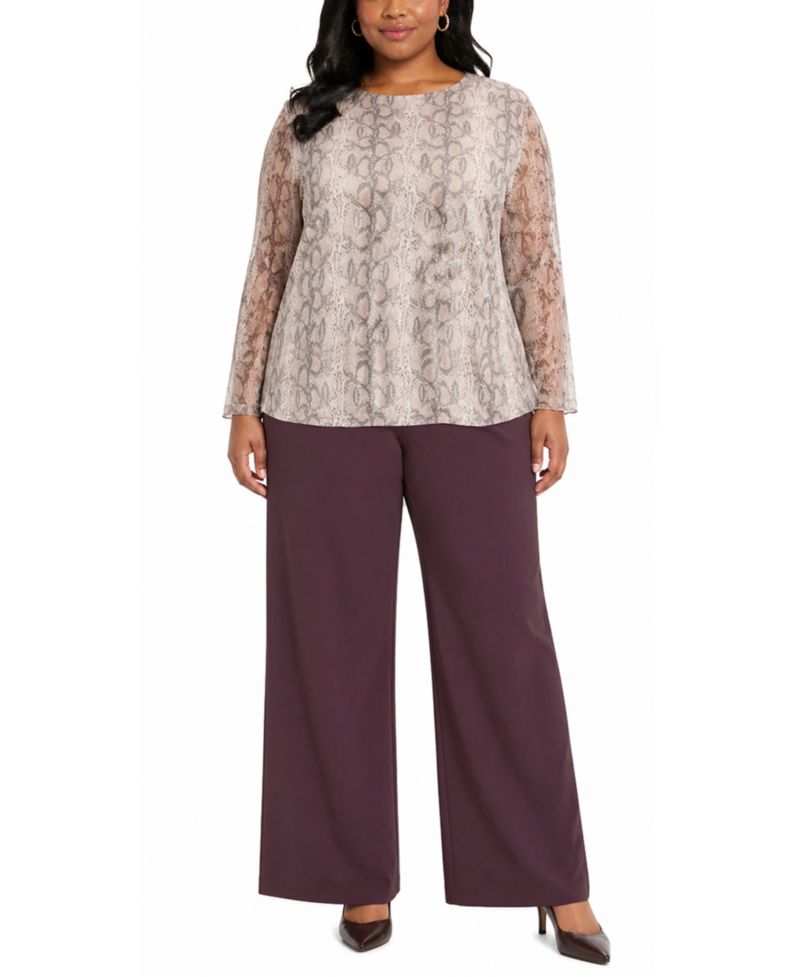 Plus Size Python Mesh Long-Sleeve Top