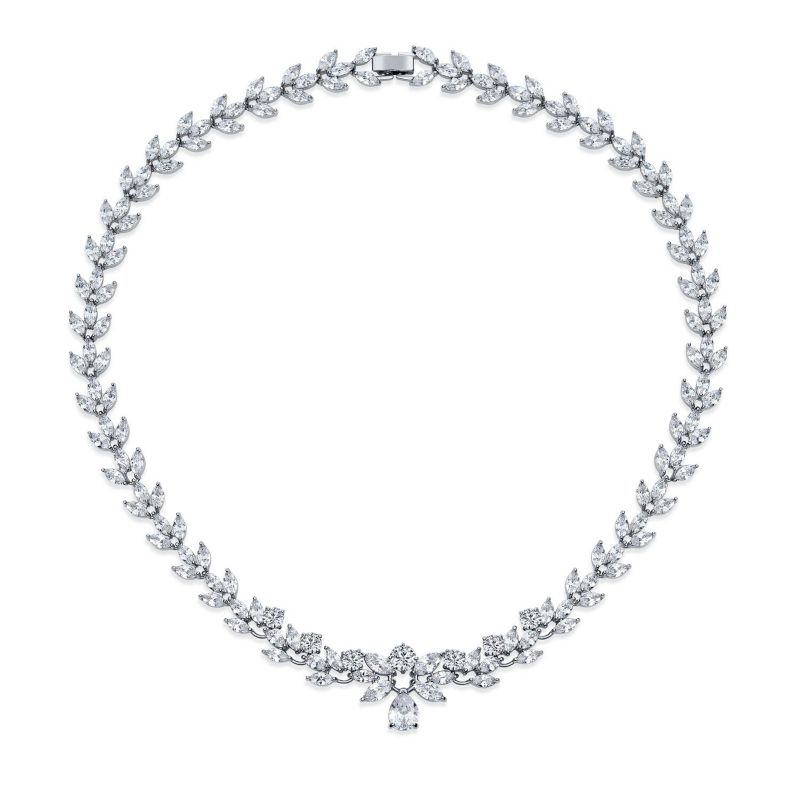 Classic Teardrop Aa CZ Statement Collar Tennis Necklace Silver Plated