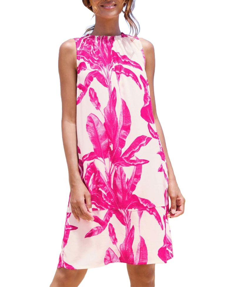 Women's Viscose Tropical Print Ruffle-Trim Shift Short Dress
