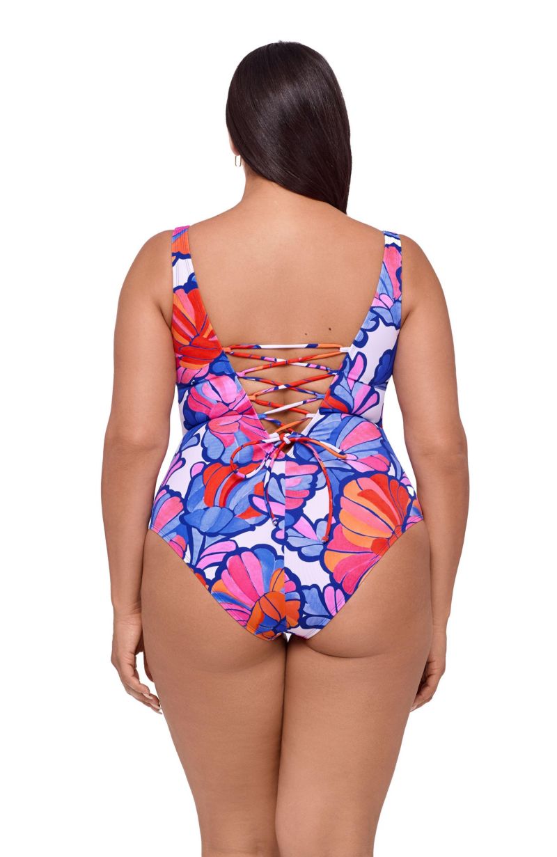 Women's Smoothing and Sculpting Square-Neck Lace-Up Back One-Piece Swimsuit