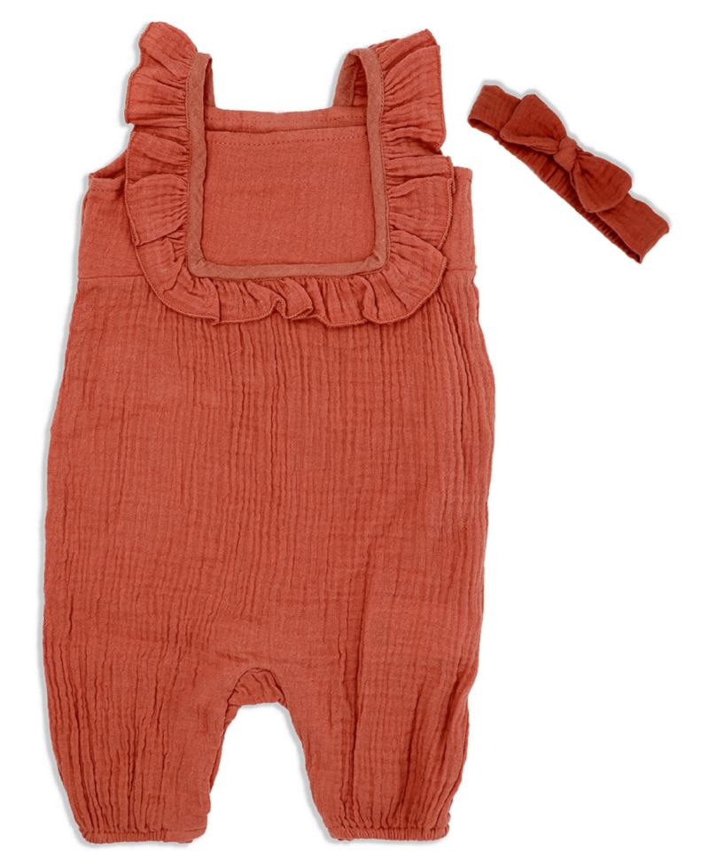 Baby Girls Ruffle Sleeved Muslin Romper and Headband, 2 Piece Set