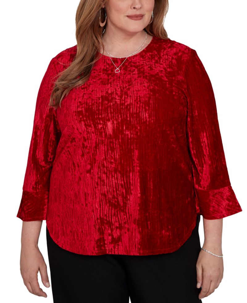Plus Size Crushed Velvet 3/4-Sleeve Blouse