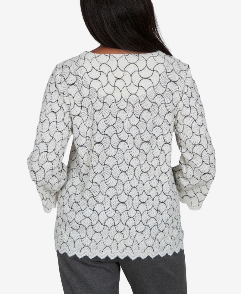 Petite Crewneck 3/4-Sleeve Scalloped-Edge Pullover