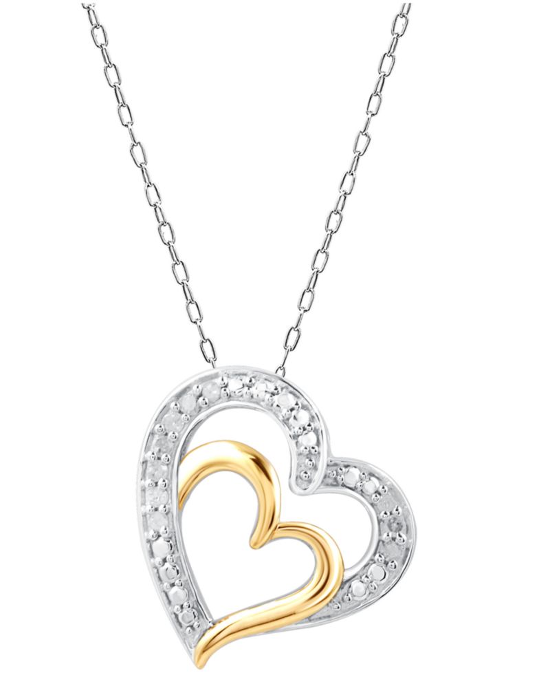 Diamond Double Heart 18" Pendant Necklace (1/10 ct. t.w.) in Sterling Silver & 14k Gold-Plate