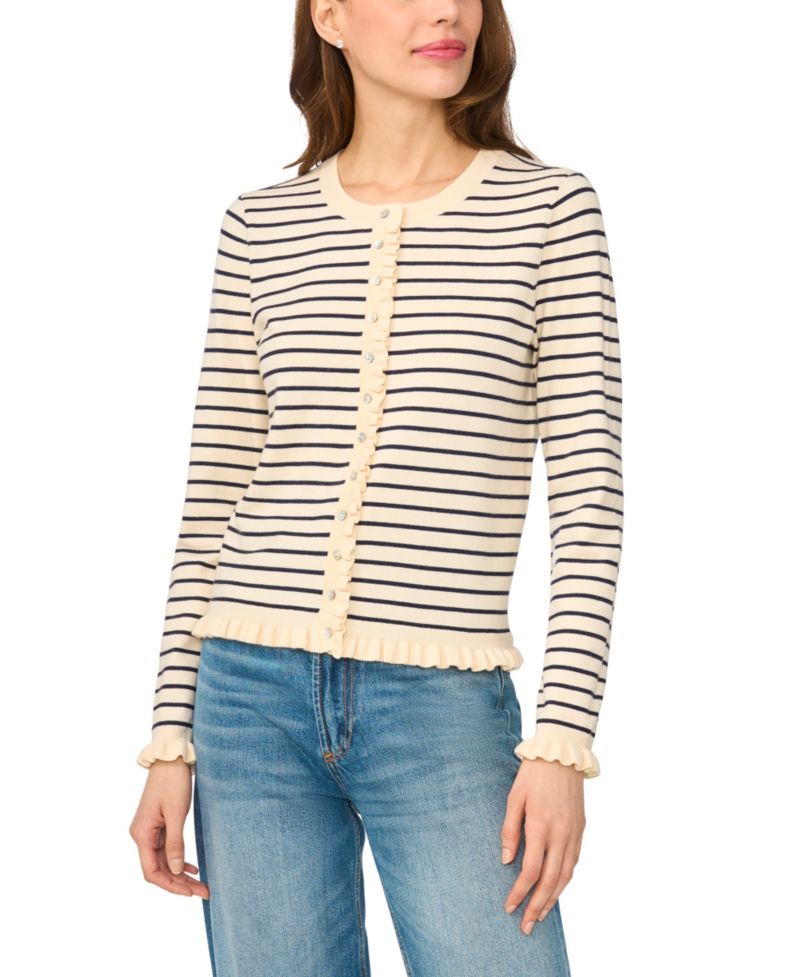 Women's Stripe Crew Neck Cardigan Sweater with Ruffle Trim