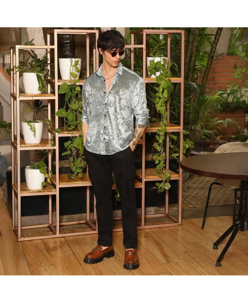 Men's Sage Green Solid Velvet Shirt