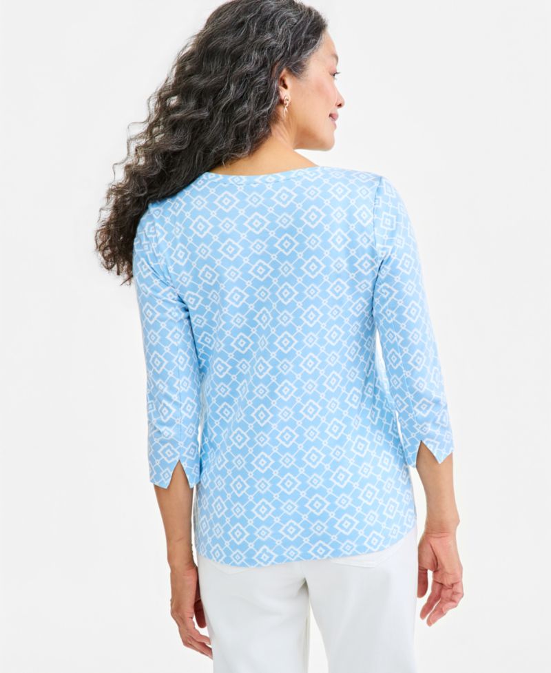 Petite Printed Pima Cotton 3/4-Sleeve Boat Neck Top