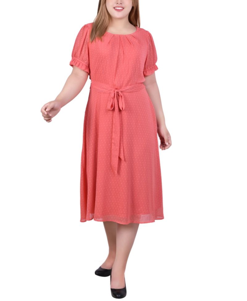 Petite Short Sleeve Belted Swiss Dot Dress