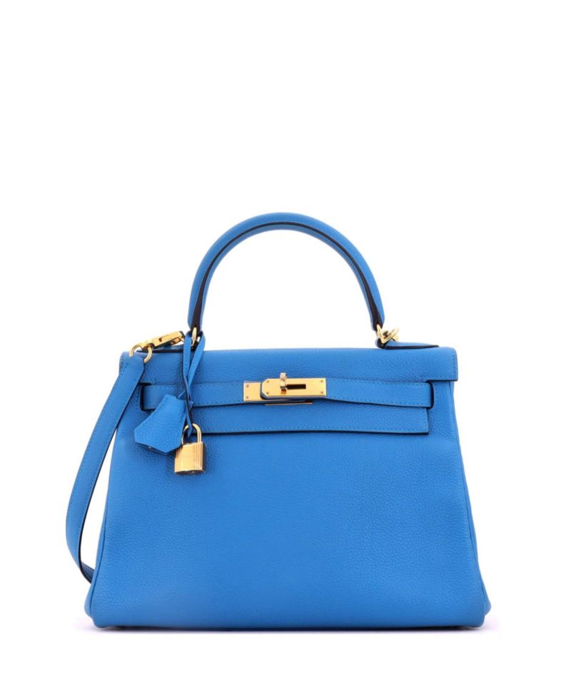 Pre-Owned Hermes Kelly 28 Handbag Blue Togo with Gold Hardware