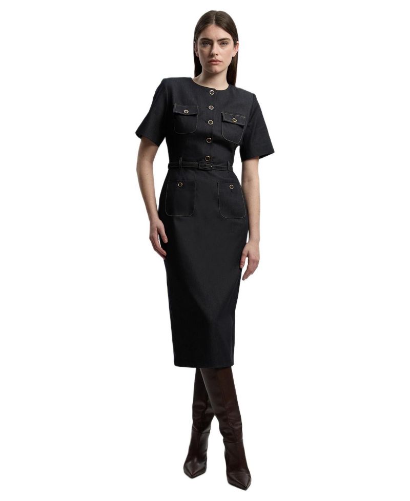 Women's Tailored Denim Belted Midi Dress