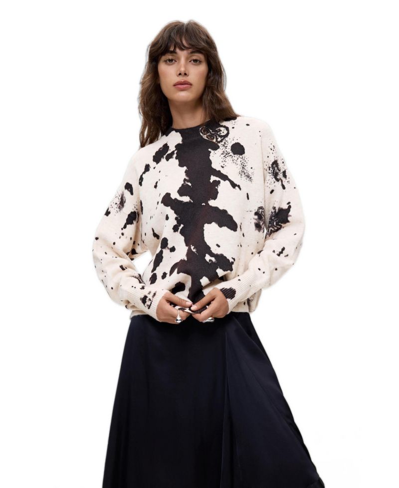 Women's Chunky-Knit Crewneck Animal-Print Sweater
