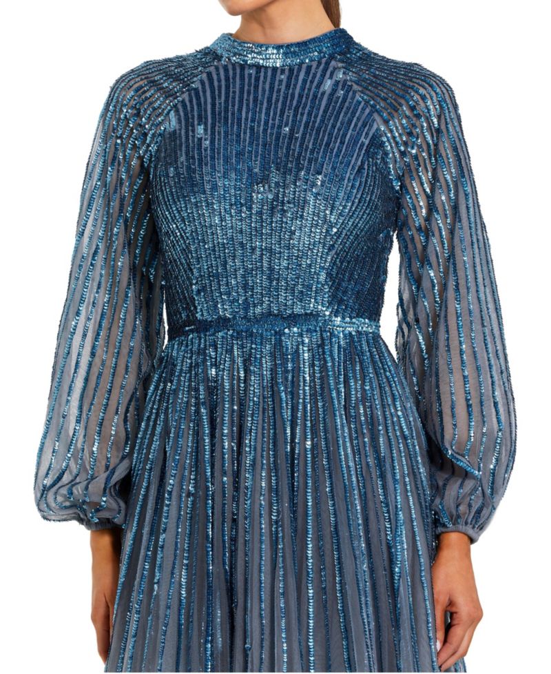 Petite Ombre Beaded Bishop Sleeve A-Line Gown