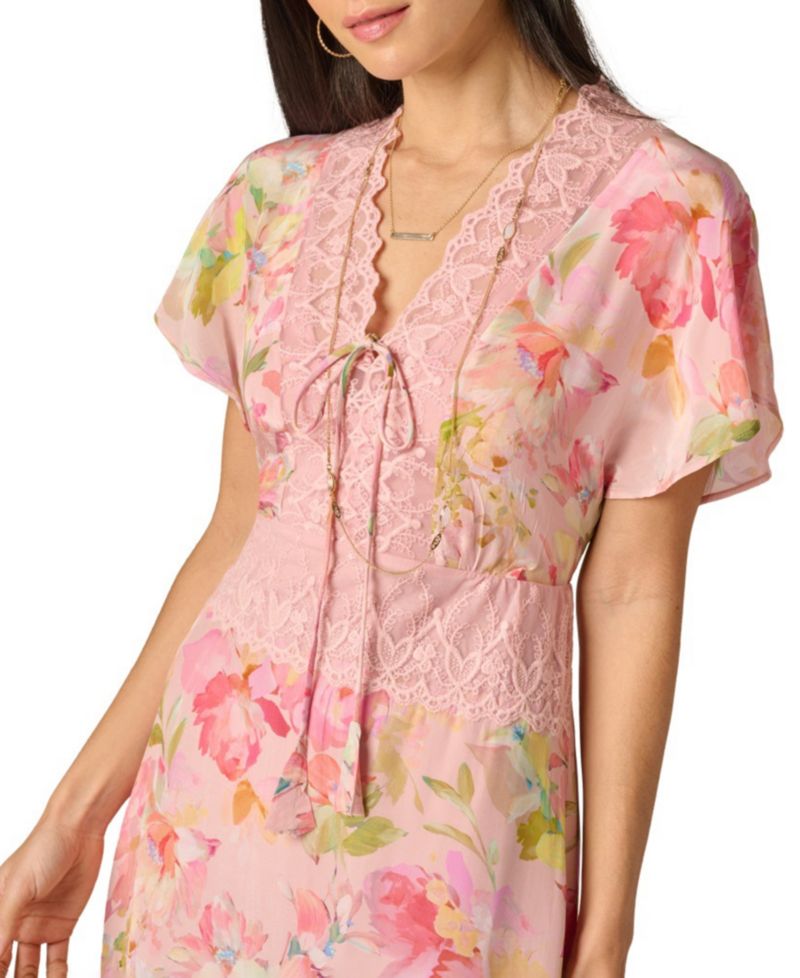 Women's Printed V-Neck Lace Trimming Satin Dress