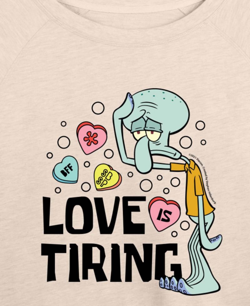 Women's Spongebob Squarepants Squidward Love Is Tiring Valentine French Terry Long-Sleeve T-Shirt