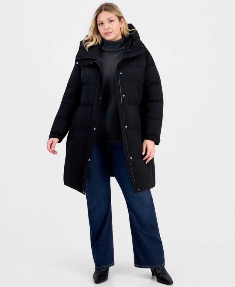 Plus Size Hooded Belted Puffer Coat