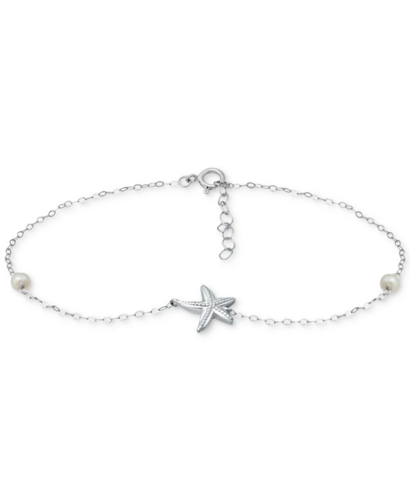 Cultured Freshwater Pearl (4mm) & Starfish Ankle Bracelet in 18k Gold-Plated Sterling Silver