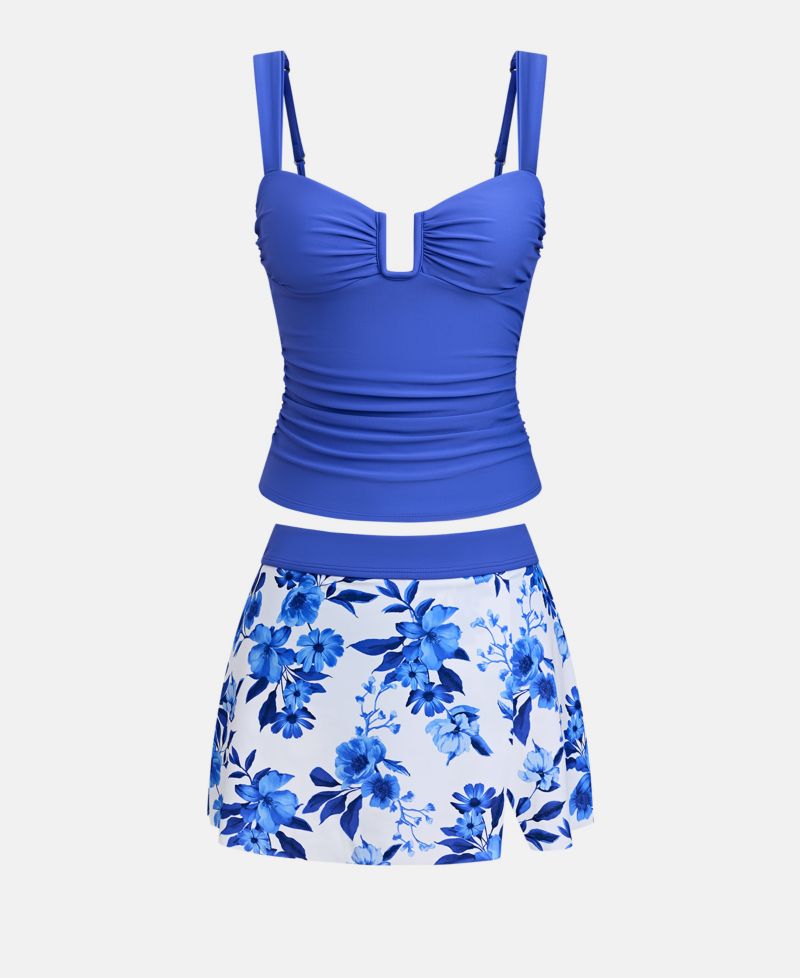 Women's V-Neck Tankini Set with Swim Skirt