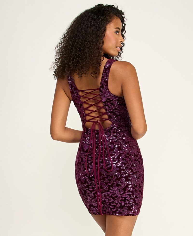 Juniors' Sequined Velvet Lace Up Open-Back Mini Dress