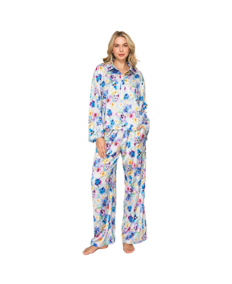 Women's Floral-Print Satin Long-Sleeve Pajama Set