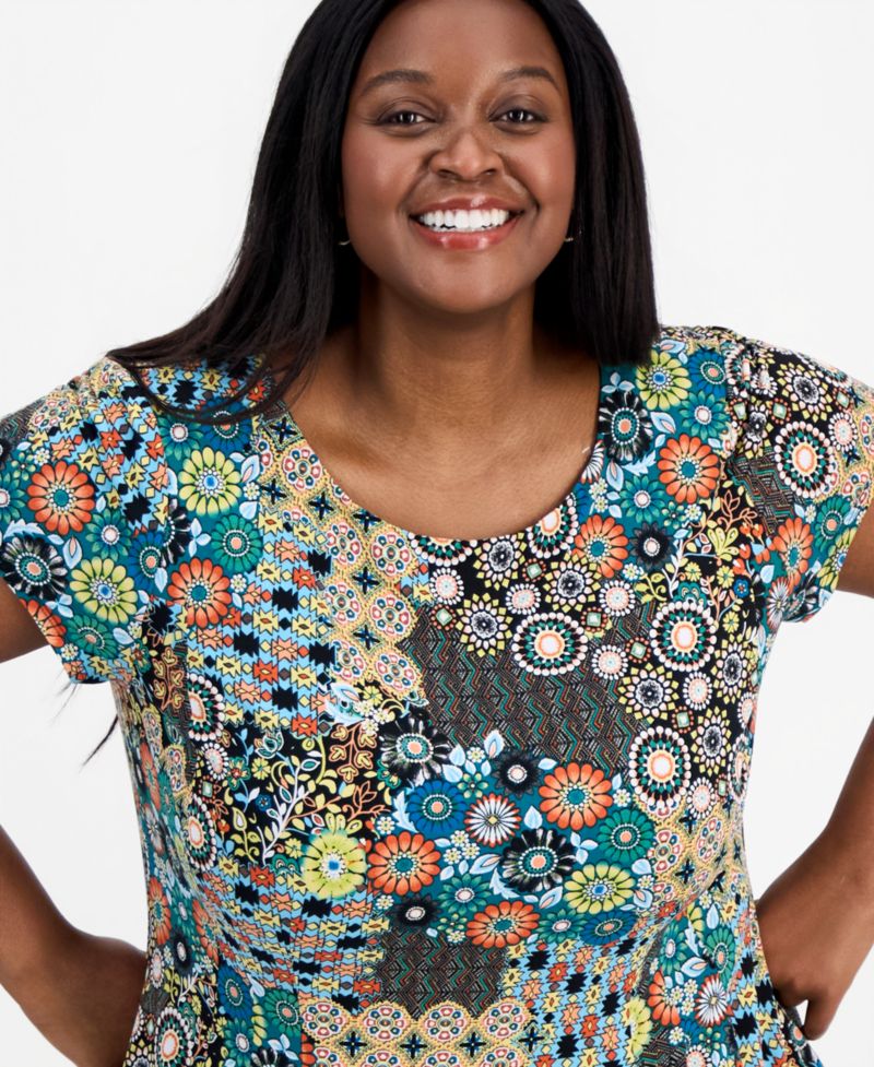 Plus Size Printed Round-Neck Short-Sleeve Dress